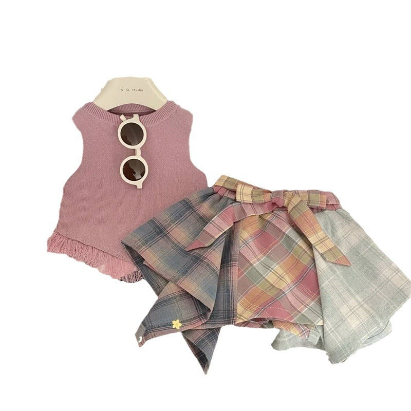 Lime Girl's suit Summer New Arrival Korean Style Tassel Vest Design Sense Plaid Culottes Two-Piece Set