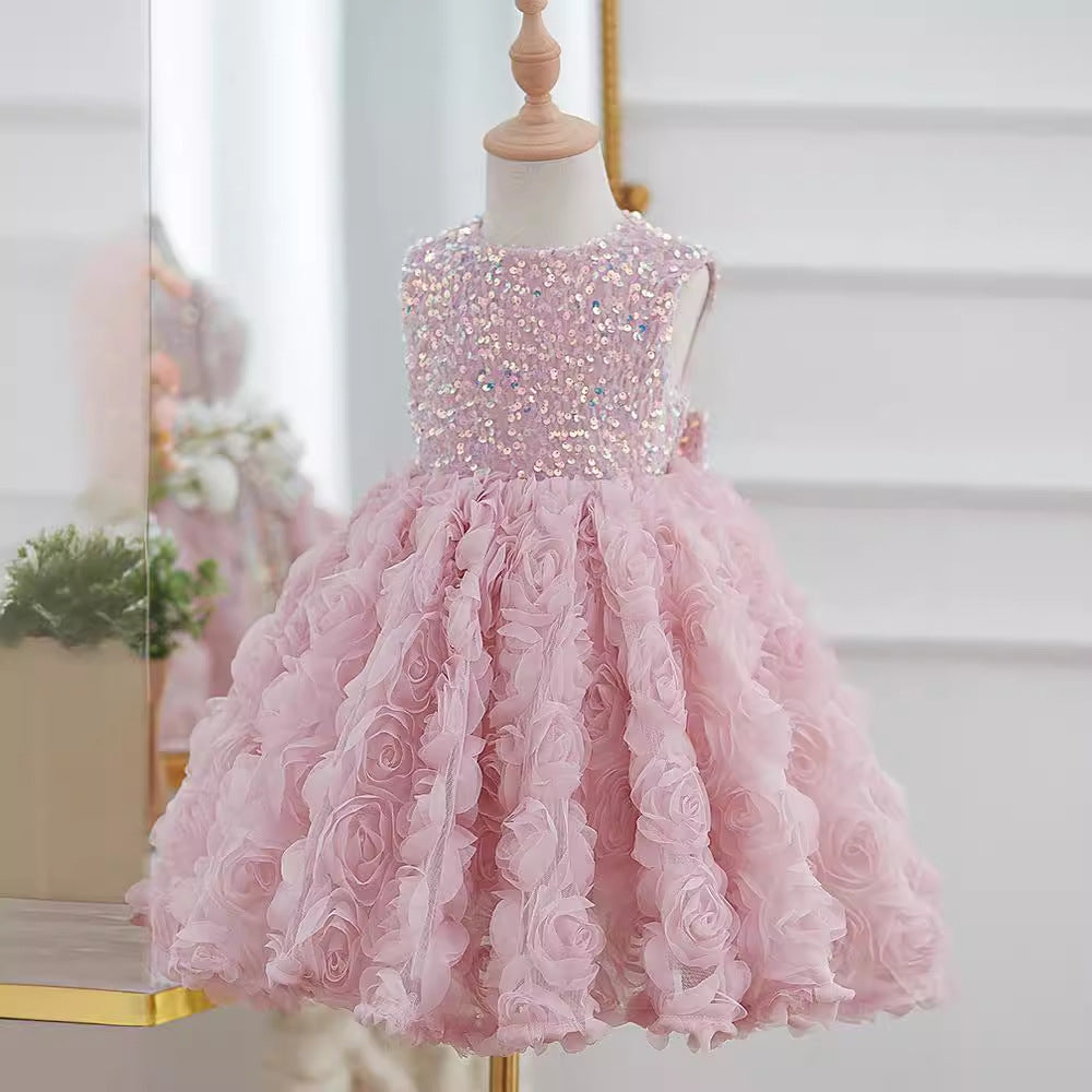 Little Girl Rose Princess Dress Accessible Luxury Birthday Sequin Dress Spring Kidsren's Pink Puffy One-Year-Old Dress