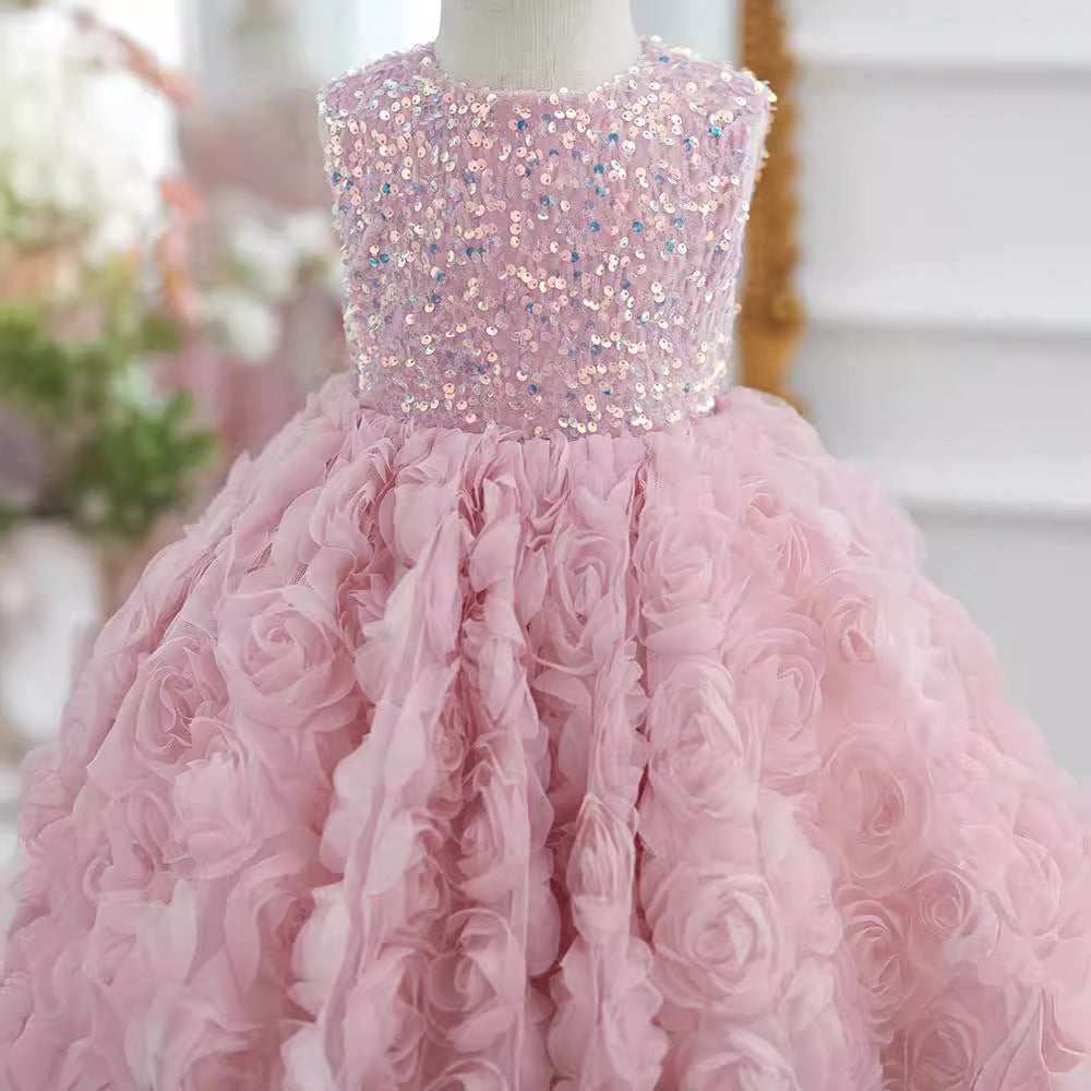 Little Girl Rose Princess Dress Accessible Luxury Birthday Sequin Dress Spring Kidsren's Pink Puffy One-Year-Old Dress
