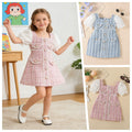 Girls' Plaid Puff-Sleeve Dress – Pearl-Style Detail