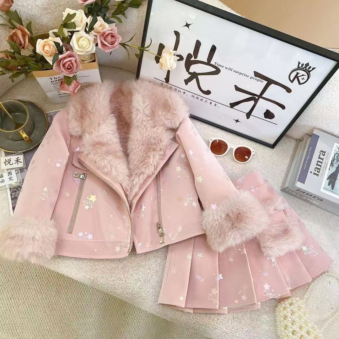 Girls' Winter Outfit 2026 New Children's Leather Jacket Winter Korean Style Thickened Jacket Pleated Skirt Two-Piece Set