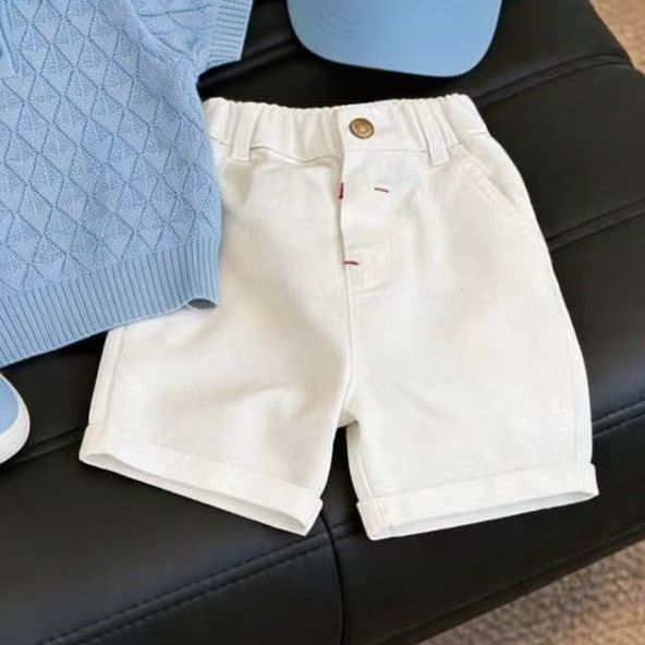 Korean Style Children's Clothing 2026 Summer New Stylish Blue Thin Quilted Hollow-Out Knit Short-Sleeve Casual Pants for Boys and Girls