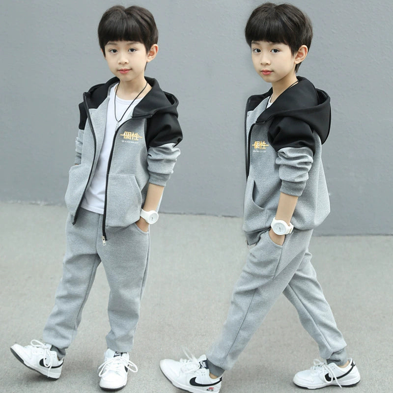 Handsome Boy's Hooded Casual Jacket Boy's Spring and Autumn Wear Sports suit Trendy New Style Mid-Big Kids Fashionable Two-piece Set