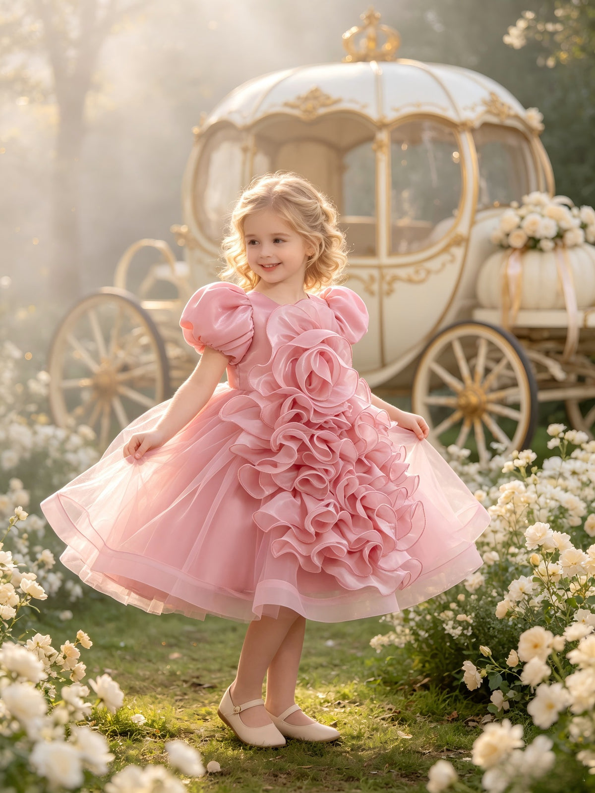 Cross-Border Children's One-Year-Old Formal Dress, Puffy Skirt, Puff Sleeves, Girl's 3D Floral Princess Dress, Birthday Performance Dress