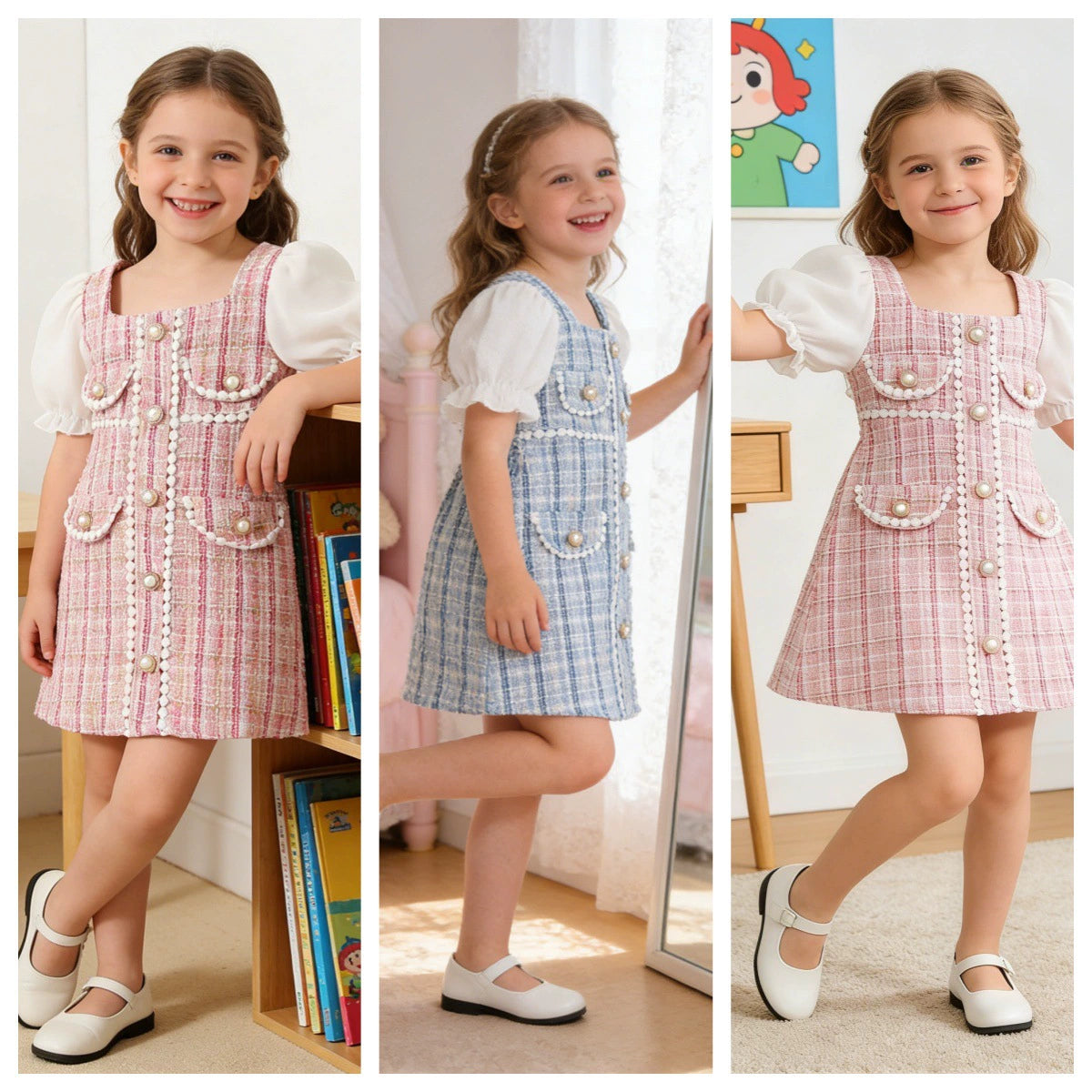 Baoxi children's clothing summer hot Chanel style chunky plaid pearl buckle decorative stitching puff sleeve girl dress