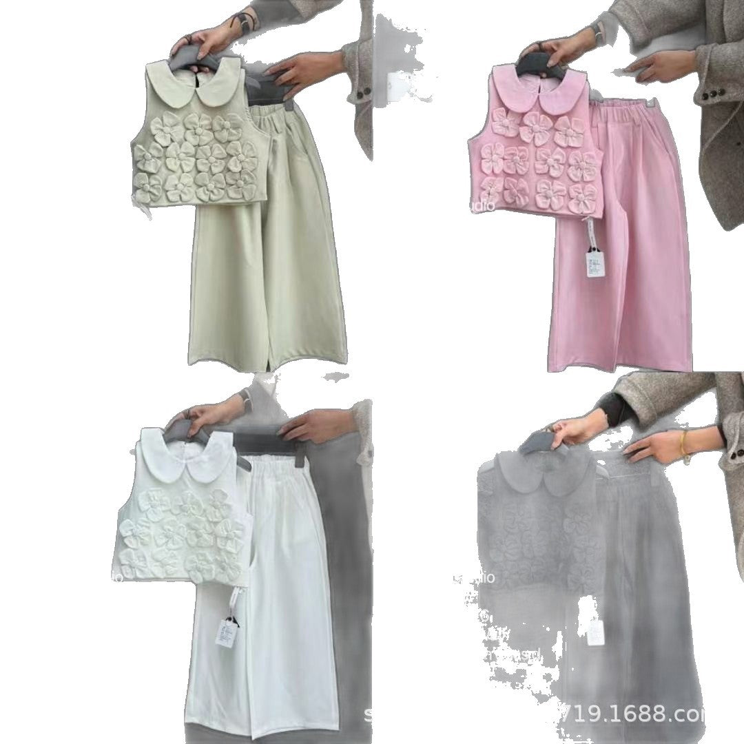 Cute Girls' Outfit Set Size 110-160, 2026 Summer Style, Korean Version, Stylish Floral Two-Piece Set for Girls 7P6177