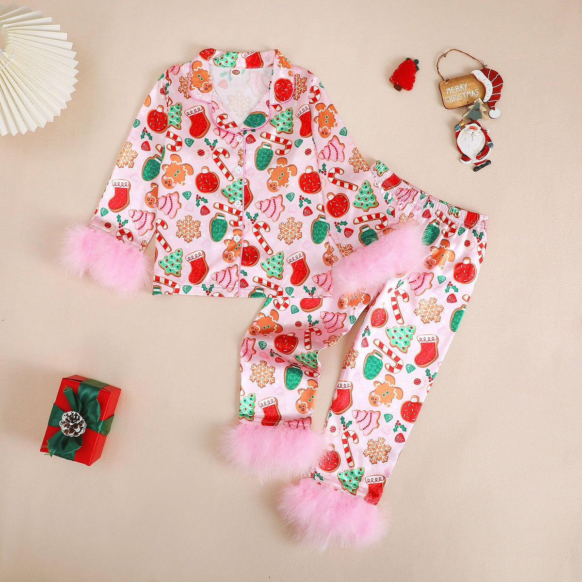 Children's Bow-Knot Pajama Set, Sweet and Casual Long-Sleeved Christmas Printed Fringed Home Wear, Cute Style