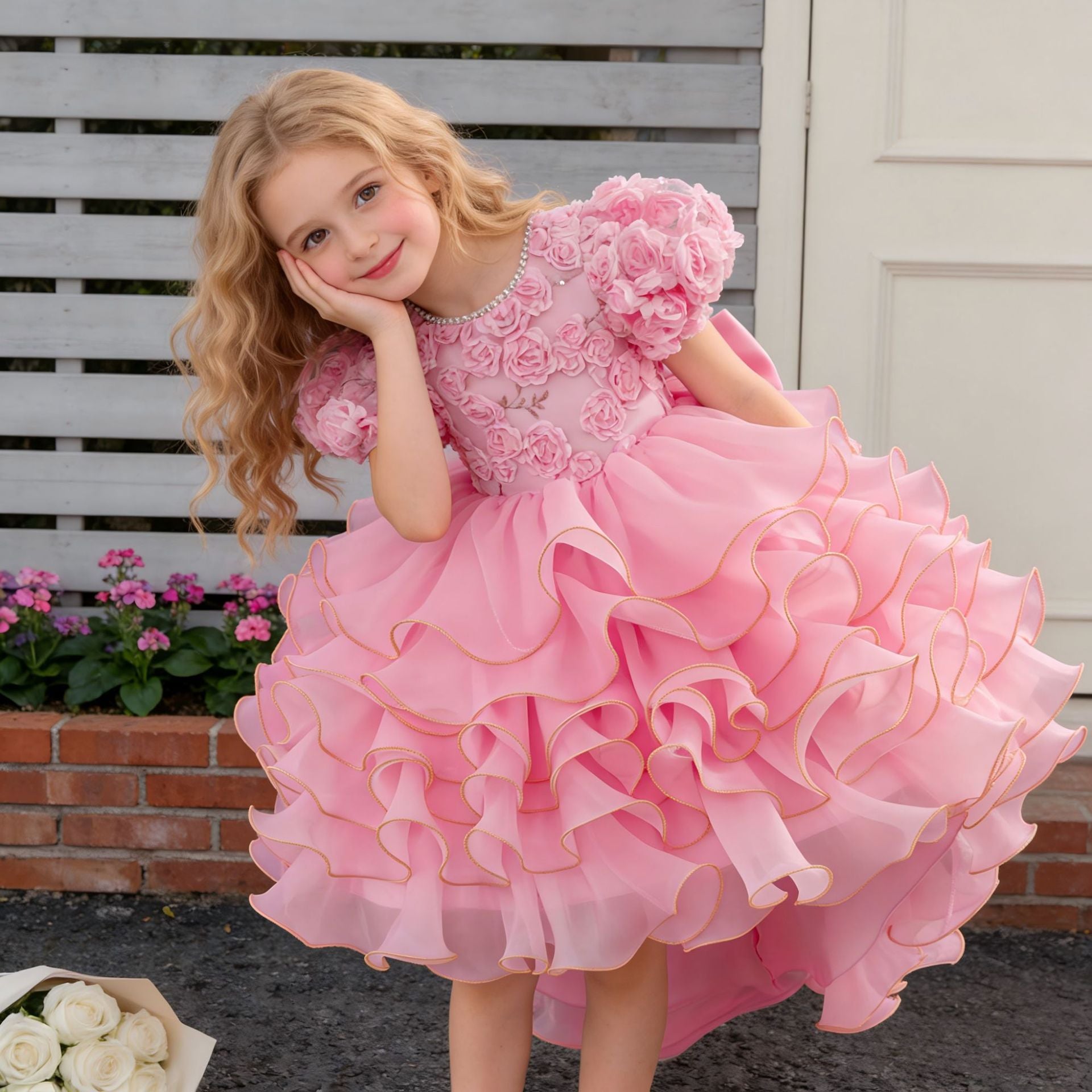 Children's Formal Dress Princess Computer-Embroidered Heavy-Duty Puffy Cake-Trail Gown Girls' Runway Performance Outfit