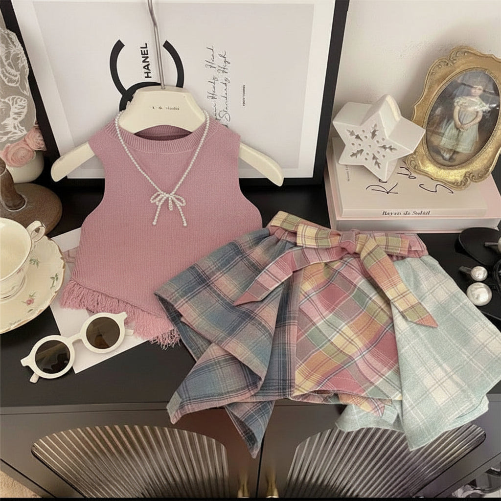 Lime Girl's suit Summer New Arrival Korean Style Tassel Vest Design Sense Plaid Culottes Two-Piece Set