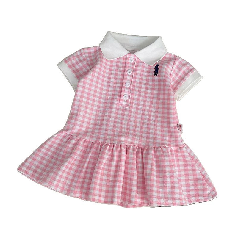 Summer Plaid Skirt Korean Children's Clothing Pink and White Plaid Polo Casual Stylish 2026 New Sweet Girl's Dress