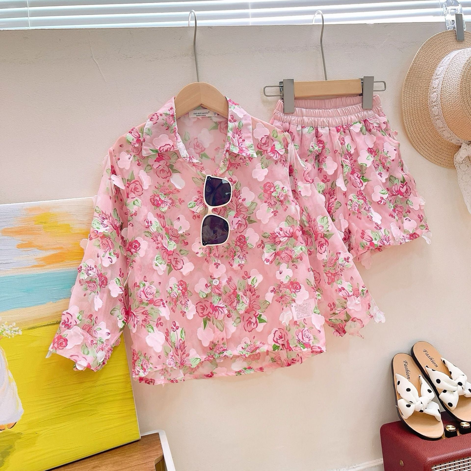 Girls' Korean-Style Floral Sun Protection Clothing Set 2026 Summer New Baby Long-Sleeved Shirt + Shorts Two-Piece Set