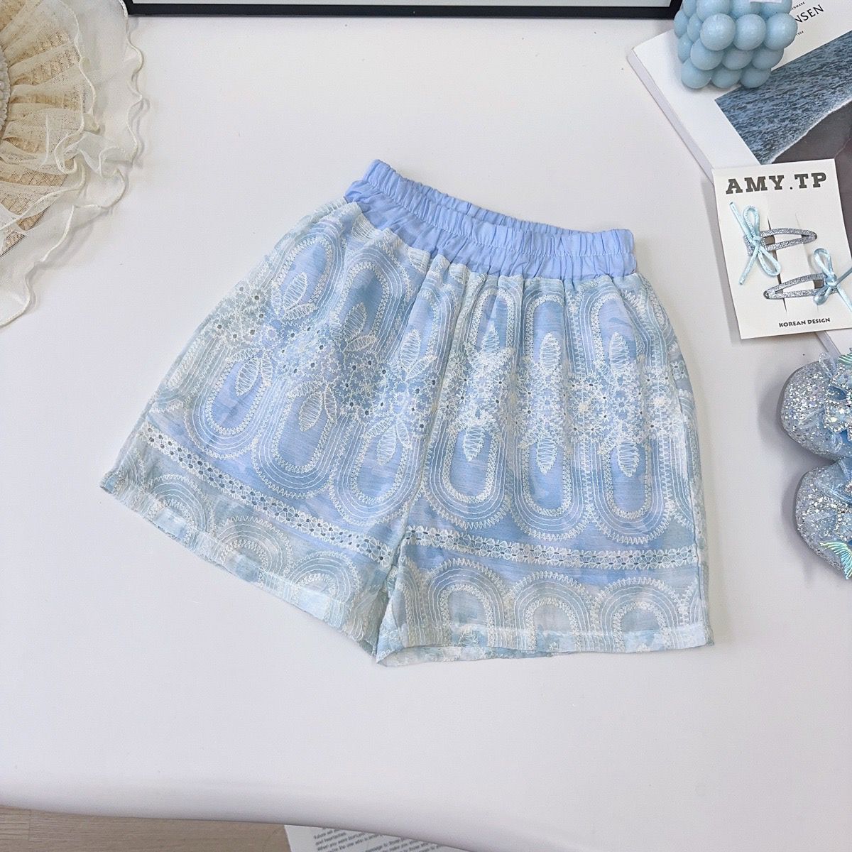 Girls' suit 2025 Summer New Flying Sleeve Lace Vest Top Shorts Korean Style Baby Girl Princess Two-piece Set