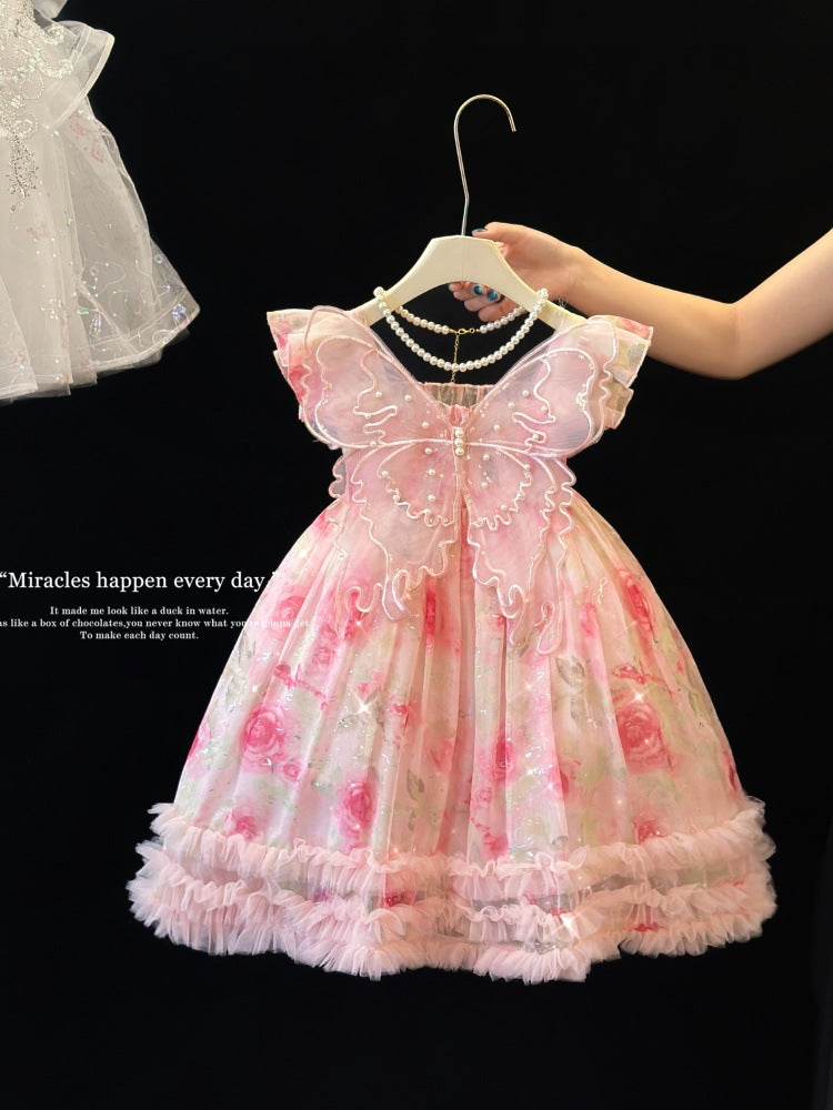 Girls' Winged Princess Dress Summer Dress 2026 New Style Kidsren's Birthday Dress Dress Fashionable Girl Pink Dress