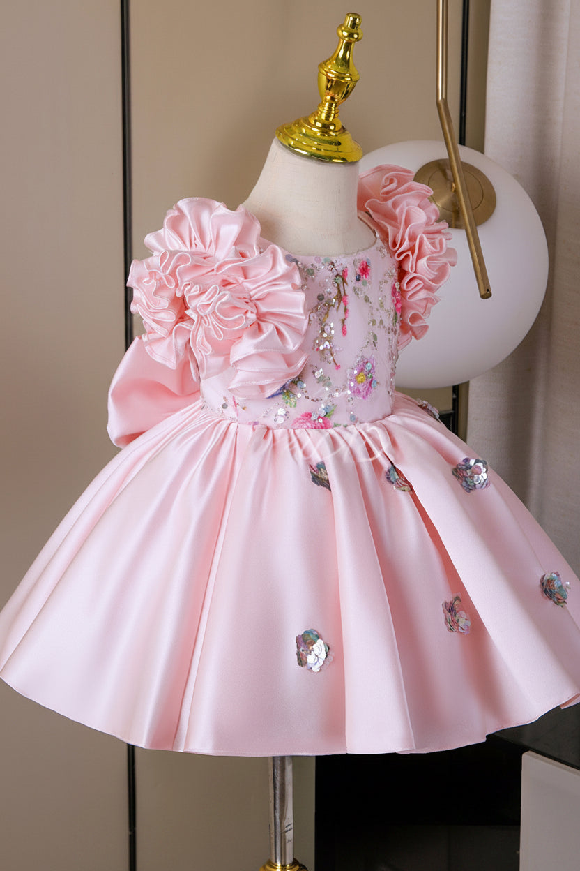 2026 New Pink Kidsren's Dress Birthday Princess Dress Piano Performance Flower Girl Baby One-Year-Old Dress