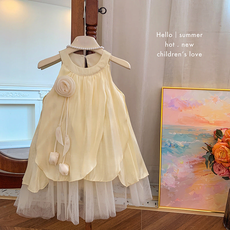 Girls' Dress 2026 New Summer Stylish Halter Neck Princess Dress Floral Mesh Dress Little Girl Tank Dress