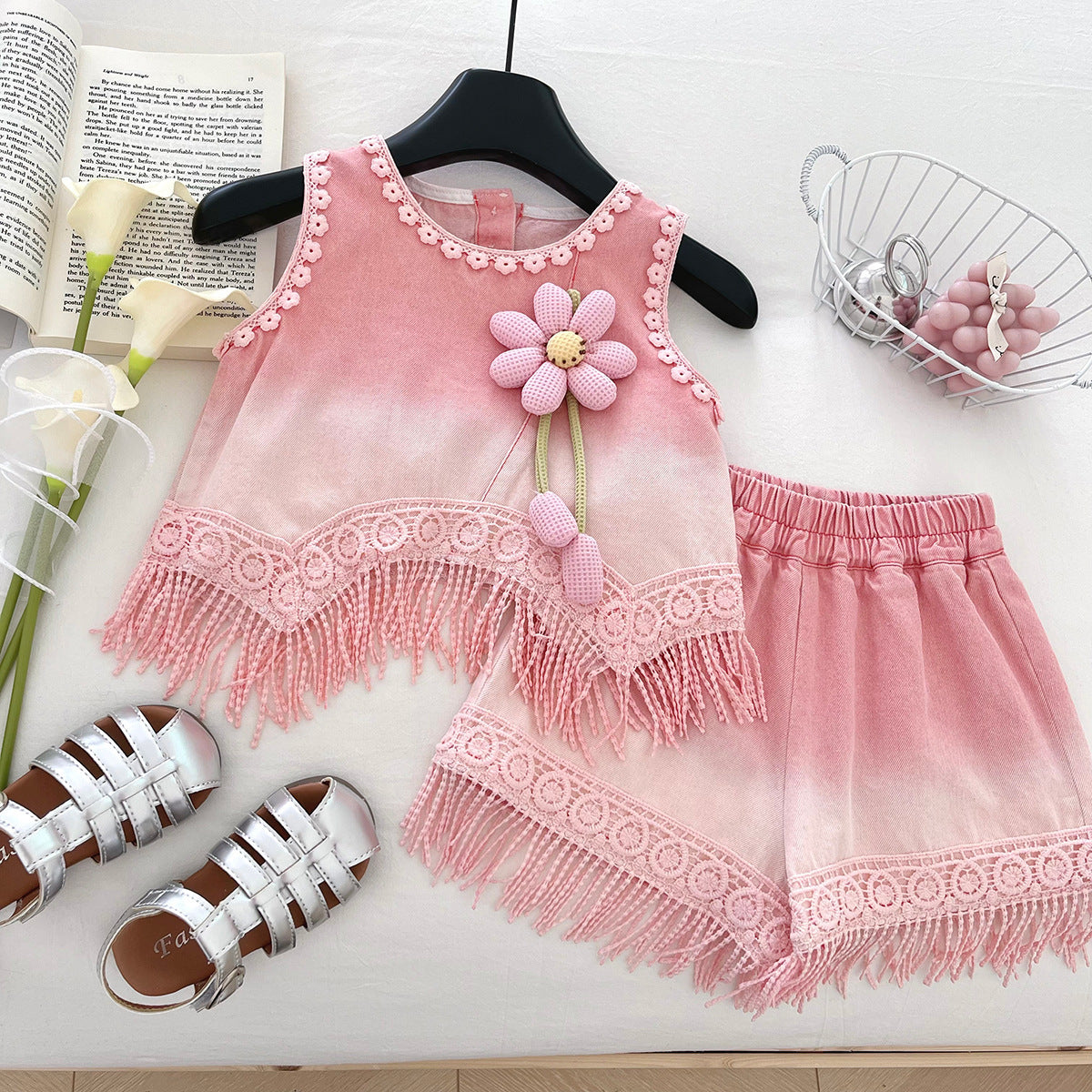 2025 New Summer Korean Style Girls Pink Bow Tassel Shorts Denim Baby Cute Suit