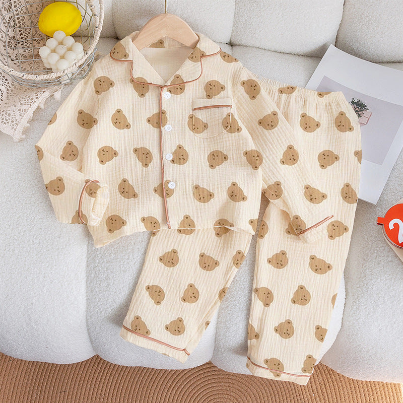 Children's Pajamas Class a Pure Cotton Printed Long-Sleeved Cardigan Lapel Set Cartoon Printed Pajamas Cute Kidsren's Clothing Set
