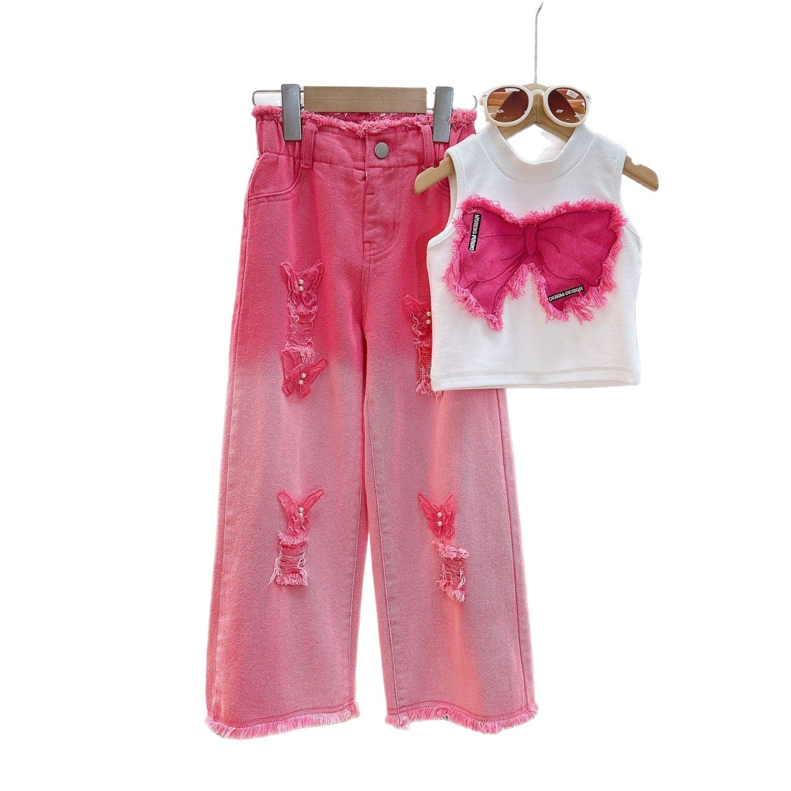 Ancorelala Girls Summer Suit 2026 Children's Sleeveless Ripped Jeans Two-Piece Set Medium and Large Clothes