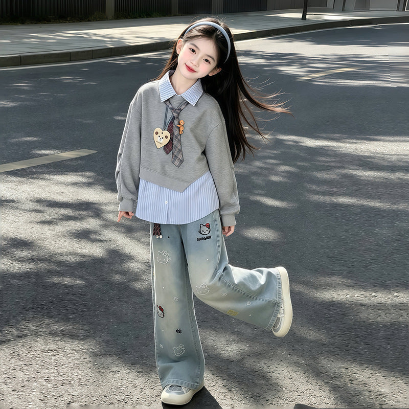 Girls' Spring and Autumn Sweatshirt Set 2026 New Style for Older Girls, Casual Top and Children's Denim Wide-Leg Pants Two-Piece Set