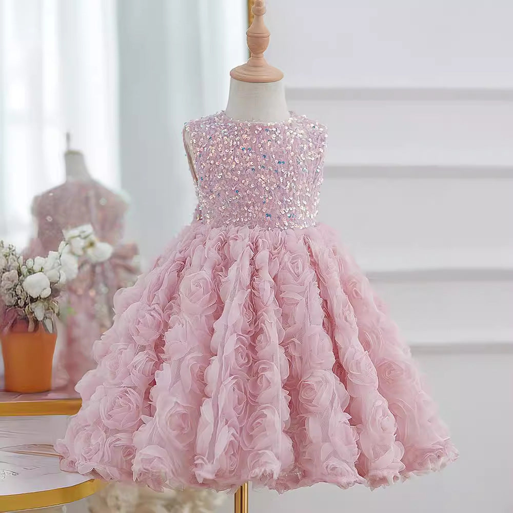 Little Girl Rose Princess Dress Accessible Luxury Birthday Sequin Dress Spring Kidsren's Pink Puffy One-Year-Old Dress