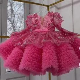 New children's dress long sleeve heavy industry sequins princess dress female baby puffy skirt girls catwalk dress wholesale