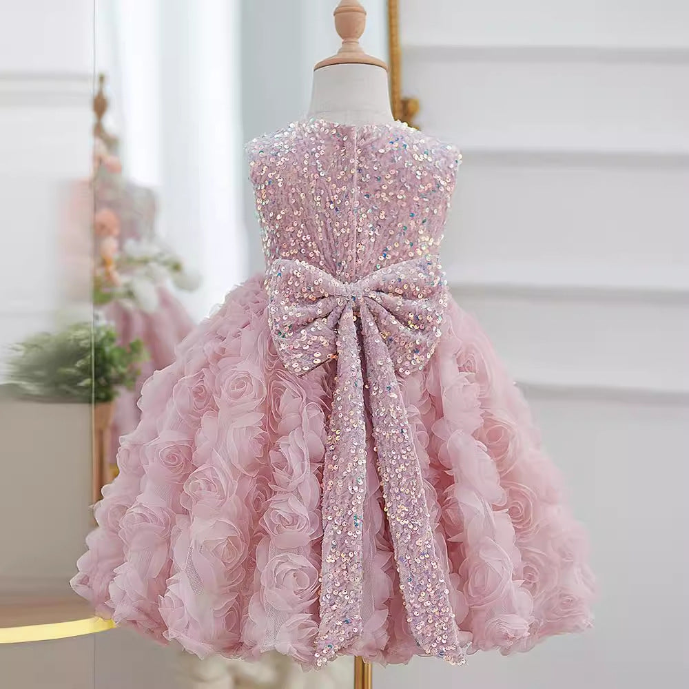 Little Girl Rose Princess Dress Accessible Luxury Birthday Sequin Dress Spring Kidsren's Pink Puffy One-Year-Old Dress