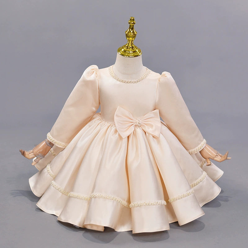 Factory Direct Sale In-Stock Champagne-Colored Satin Girls' Dress with Pearl Bow and Long Sleeves, Baby's First Birthday Princess Dress