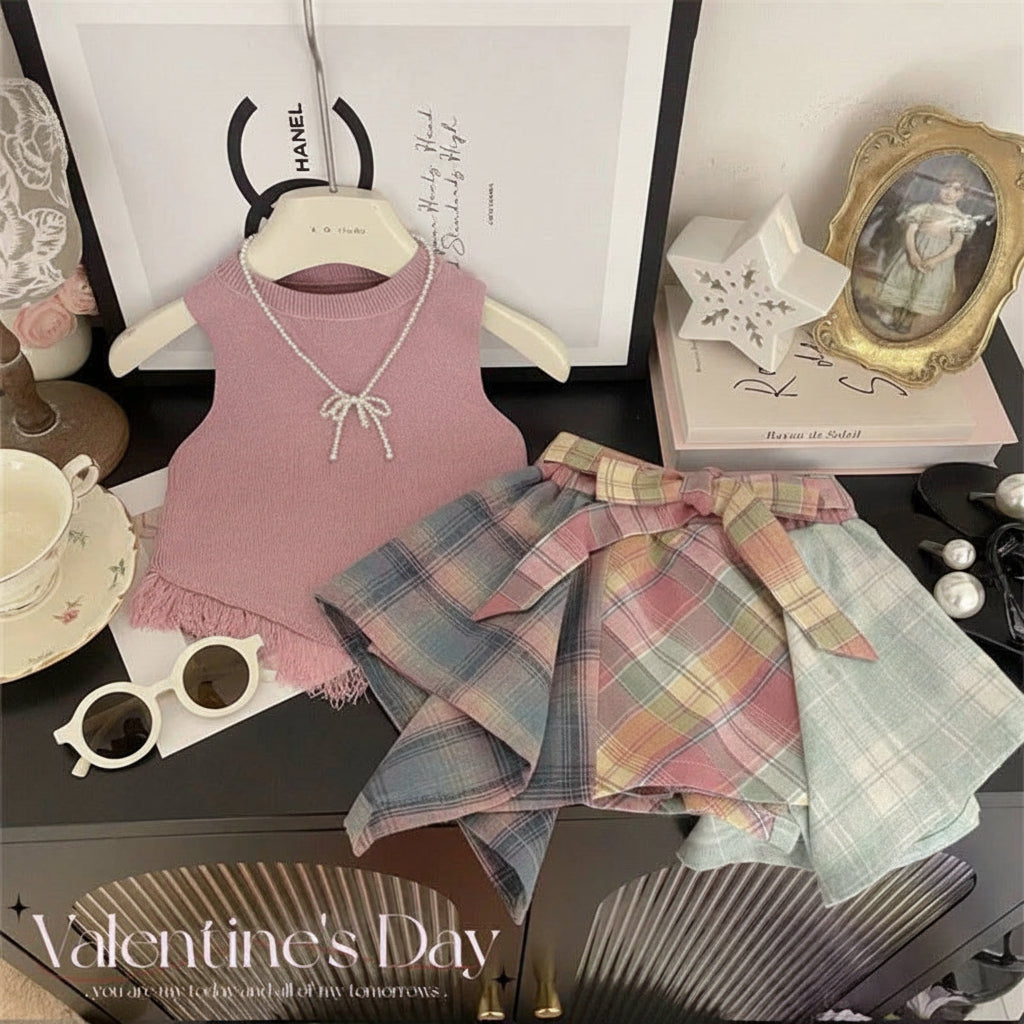 Lime Girl's suit Summer New Arrival Korean Style Tassel Vest Design Sense Plaid Culottes Two-Piece Set