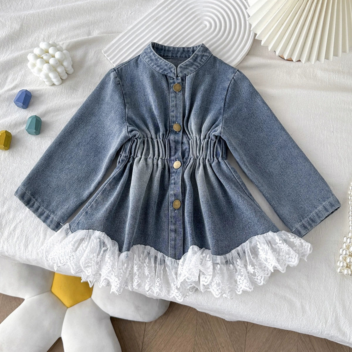 Spring and Autumn Girls' Denim Jacket New Style Lace Trim Denim Skirt Stylish Little Girl Jacket Cross-Border Shipping