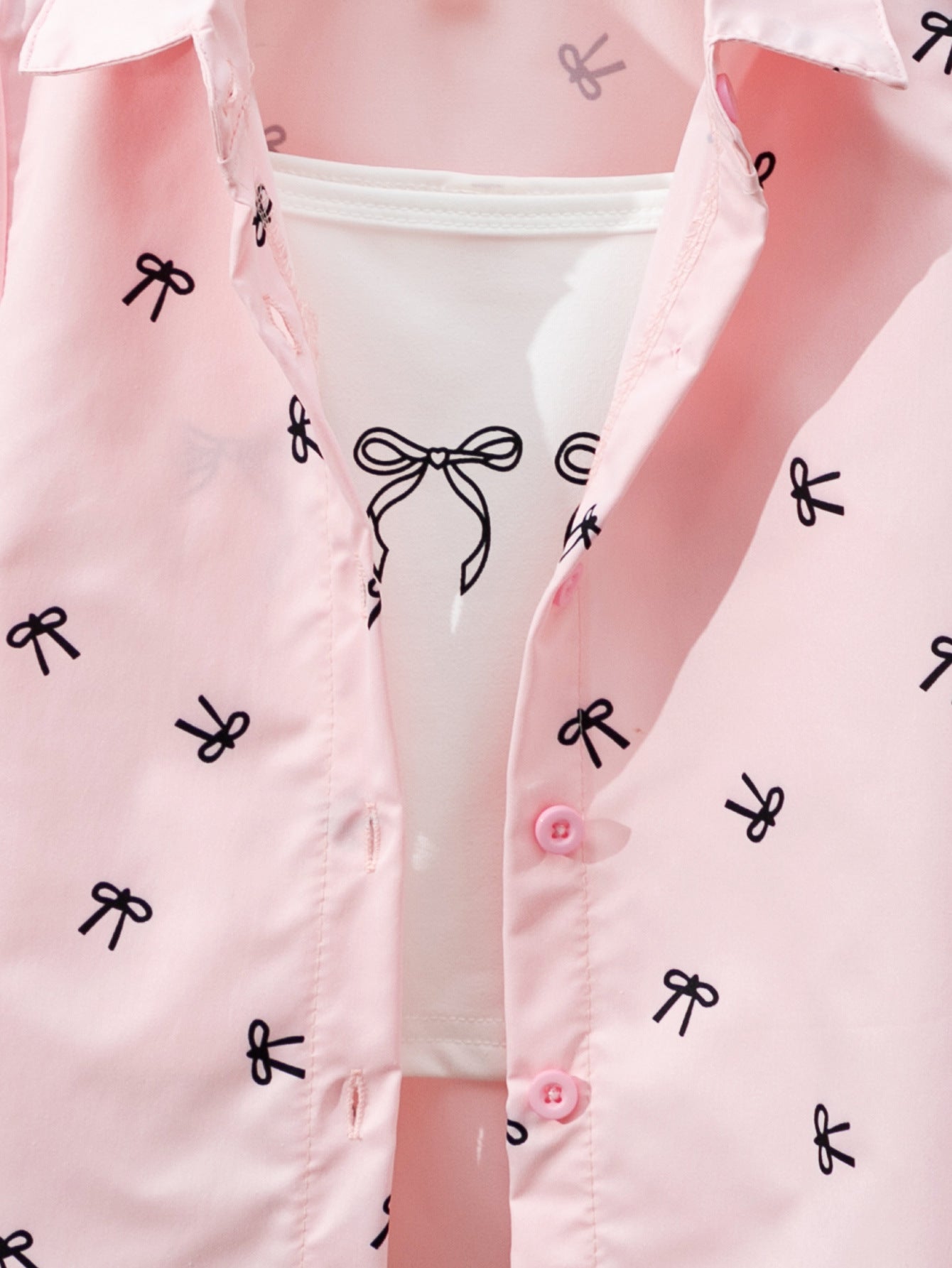 Girls Fashion Lapel Bow Print Suit 3-Piece Camisole + Lapel Top Short Skirt Suit