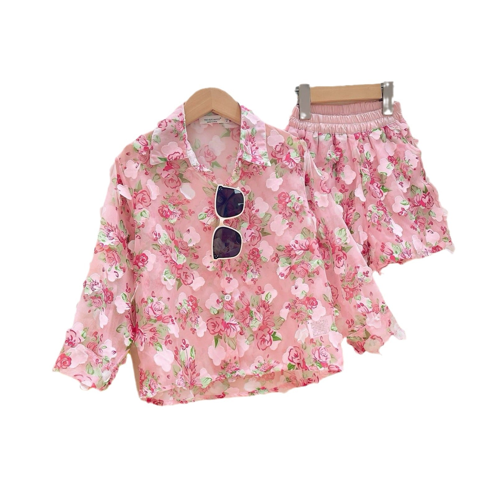 Girls' Korean-Style Floral Sun Protection Clothing Set 2026 Summer New Baby Long-Sleeved Shirt + Shorts Two-Piece Set