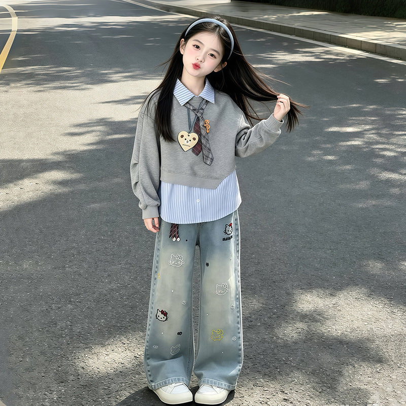 Girls' Spring and Autumn Sweatshirt Set 2026 New Style for Older Girls, Casual Top and Children's Denim Wide-Leg Pants Two-Piece Set