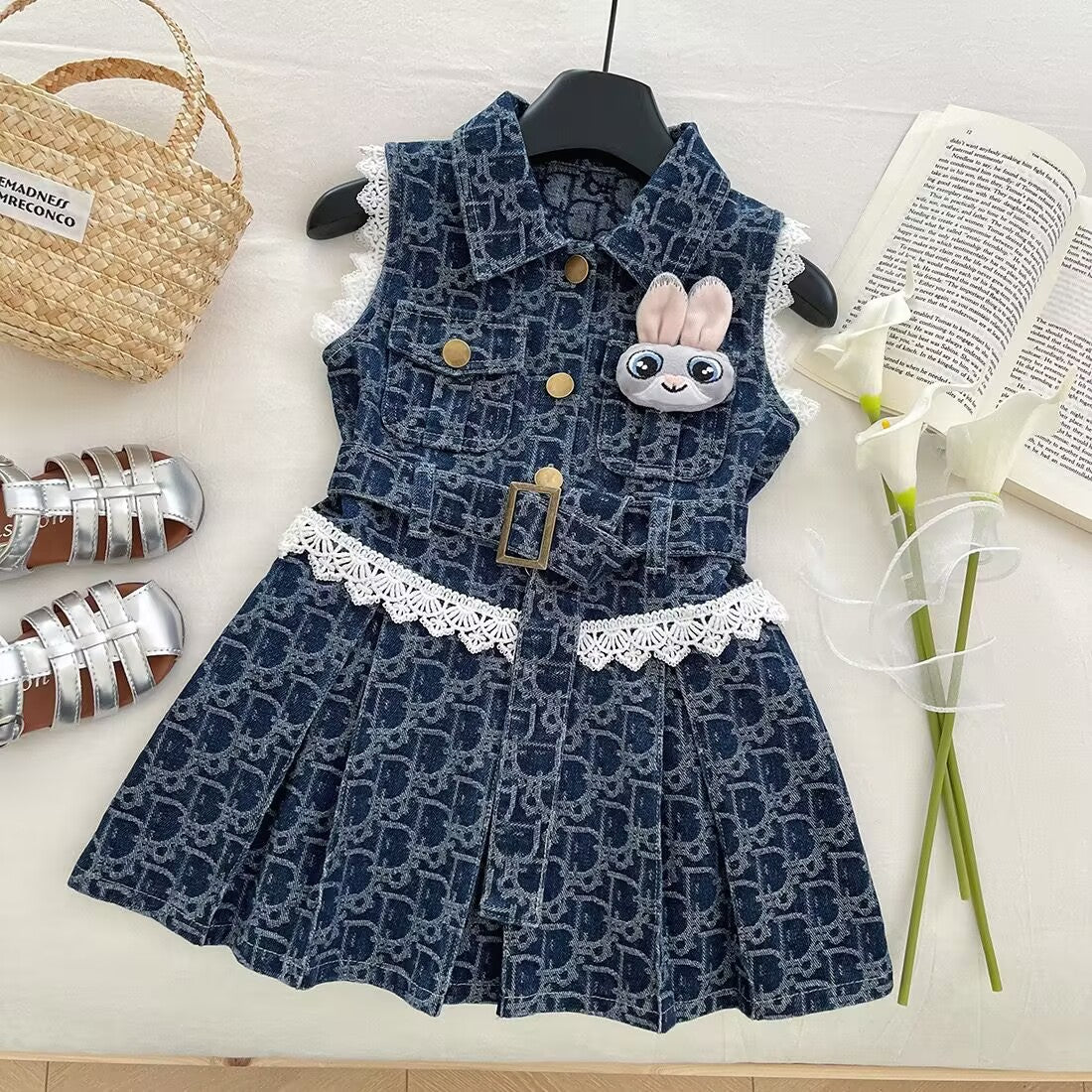 Girl's Denim Dress 2025 Summer New Lace Lapel Vessel Dress Girl's Korean Style Skirt