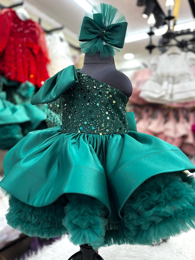Disney-Inspired Girls' One-Shoulder Sequin Princess Gown with Oversized Bow