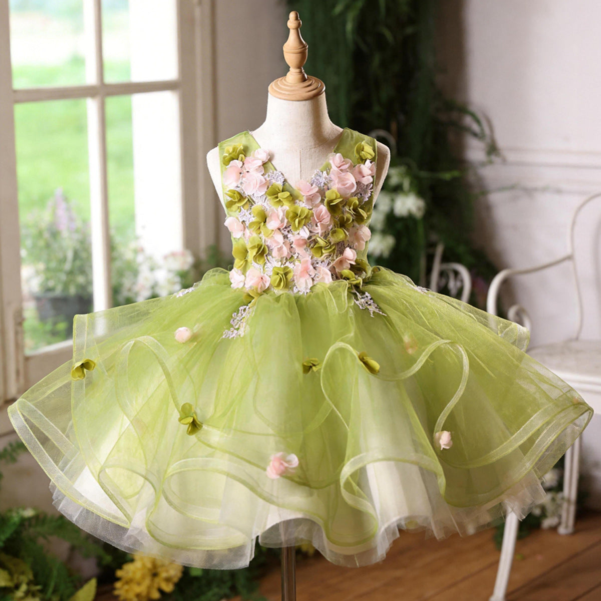 Forest-Style Little Girl Princess Dress with Puffy Tulle, High-End Birthday Flower Girl Wedding Dress, Children's Host Piano Flower Fairy Gown