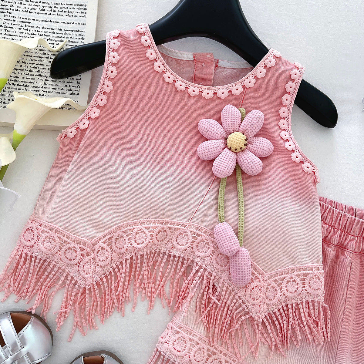 2025 New Summer Korean Style Girls Pink Bow Tassel Shorts Denim Baby Cute Suit