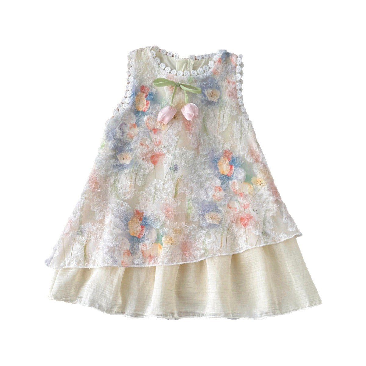 Summer Girls' Dress with Lace Trim, Sleeveless Floral Tank Top Dress, Little Girl's Holiday Style Princess Dress, Cross-Border