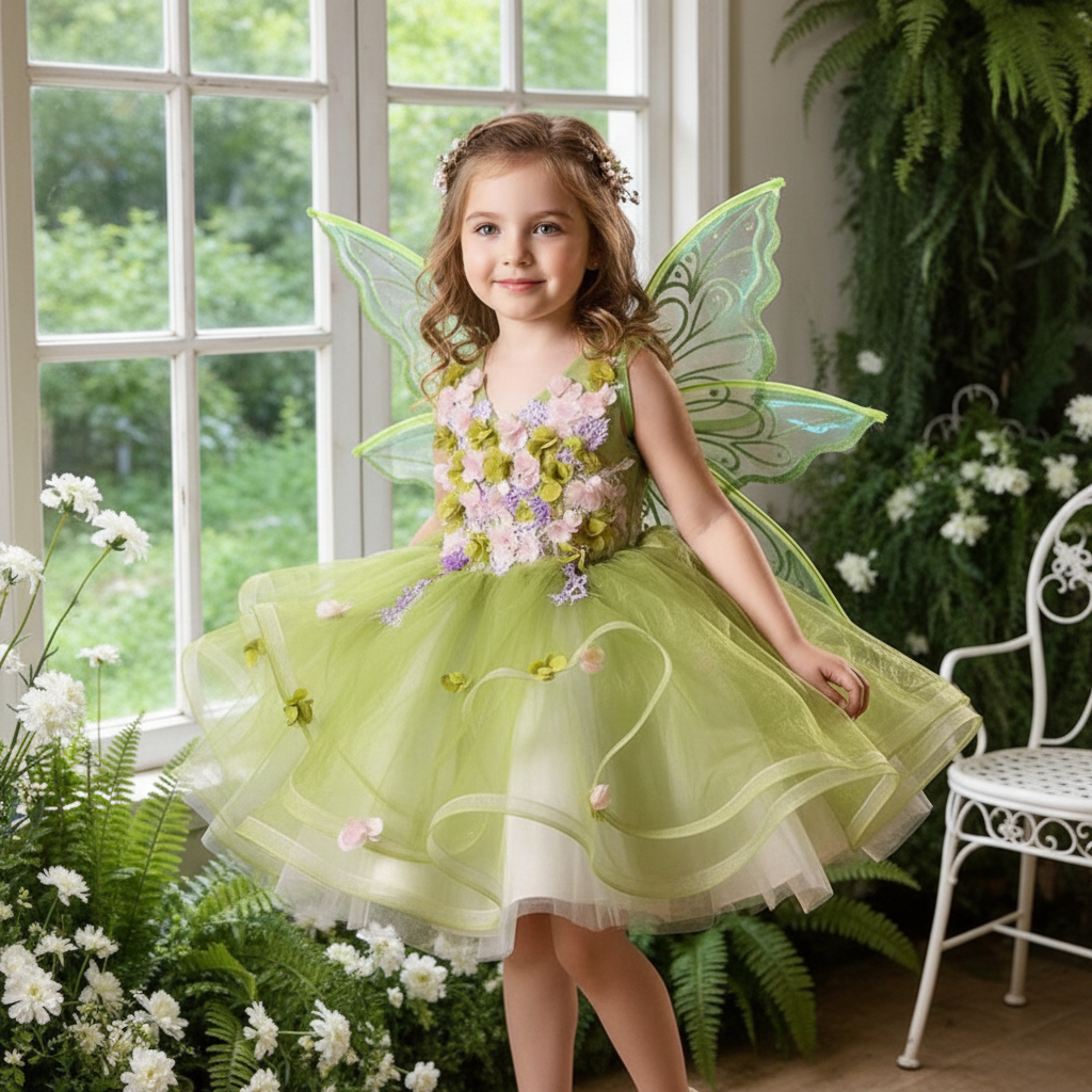 Girls' Forest Fairy Princess Dress — Puffy Tulle Flower Girl & Birthday Gown with Optional Wings for Kids