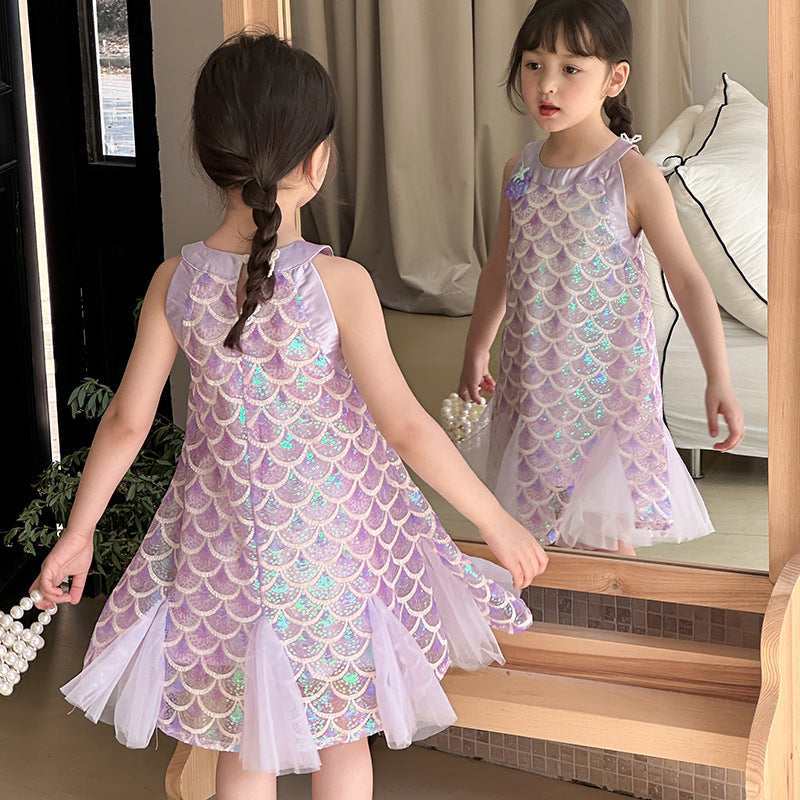 Orange Girl's Mermaid Princess Dress Summer 2026 New Style Baby Girl Strap Dress Performance Outfit