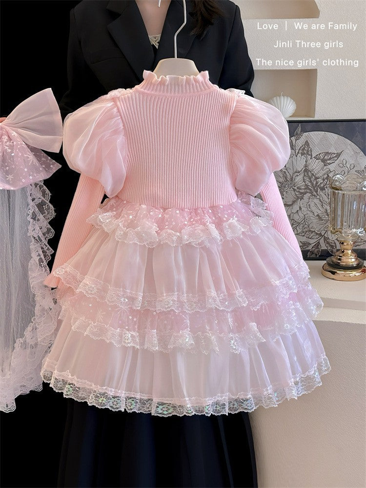 Frozen Elsa Princess Dress Girls' 2026 Autumn and Winter Korean Style Children's Sweater Dress Cake Mesh Skirt
