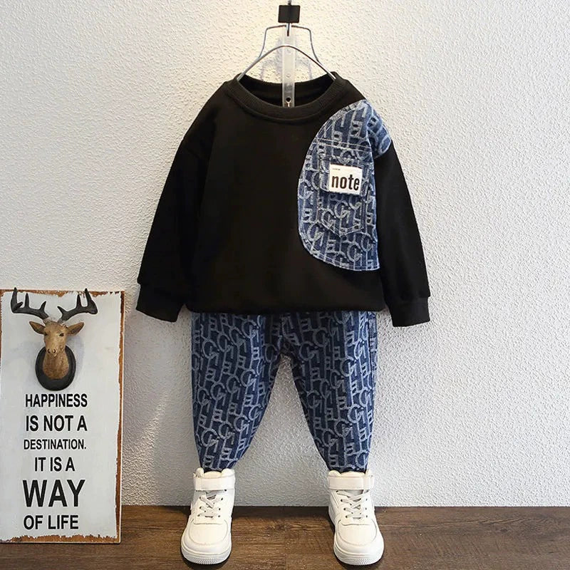 Children's Clothing Boys' Suits Autumn Outfit for Young Children Long-Sleeved Fake Two-Piece Sweatshirt Casual Pants Children's Sportswear Two-Piece Set Trendy
