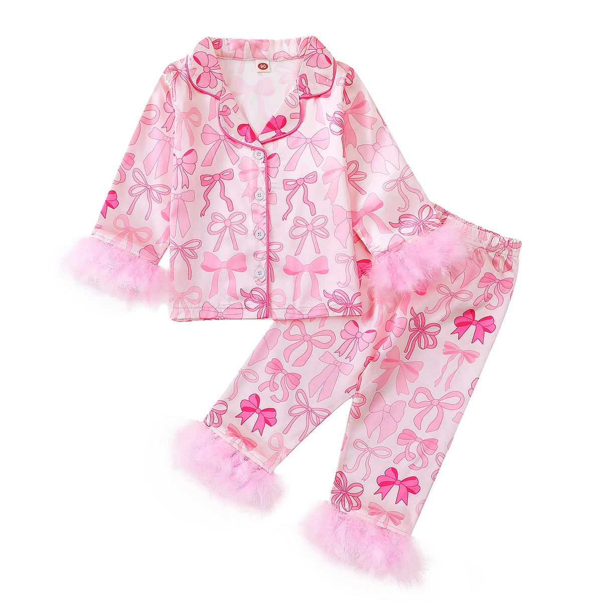 Children's Bow-Knot Pajama Set, Sweet and Casual Long-Sleeved Christmas Printed Fringed Home Wear, Cute Style