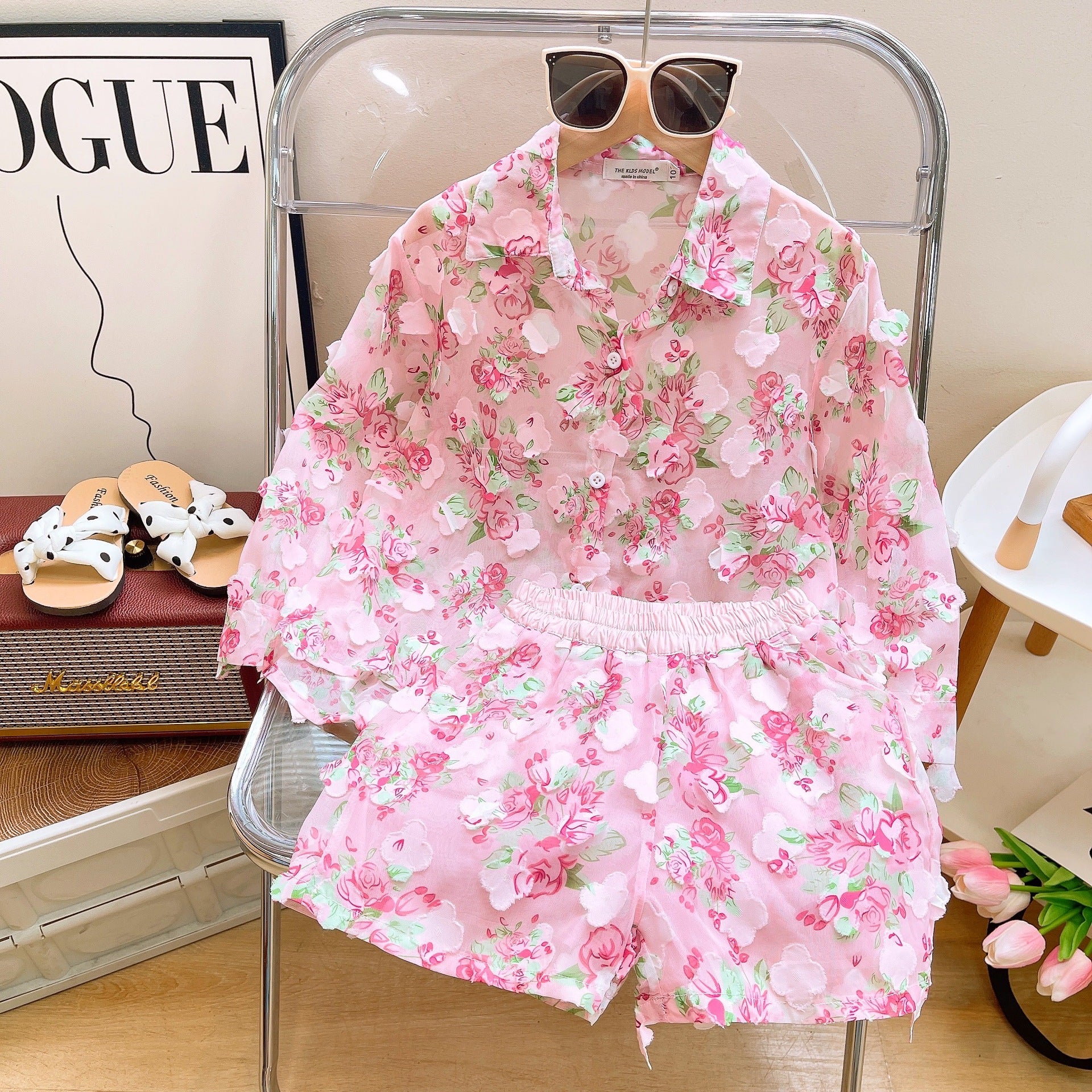 Girls' Korean-Style Floral Sun Protection Clothing Set 2026 Summer New Baby Long-Sleeved Shirt + Shorts Two-Piece Set