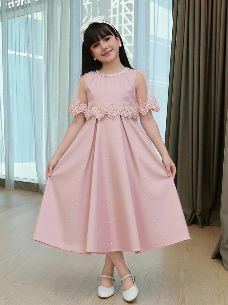 Girls' Soft Pink Lace Beaded Mesh Dress with Small Flying Sleeves and Waist-Cinching Princess Dress