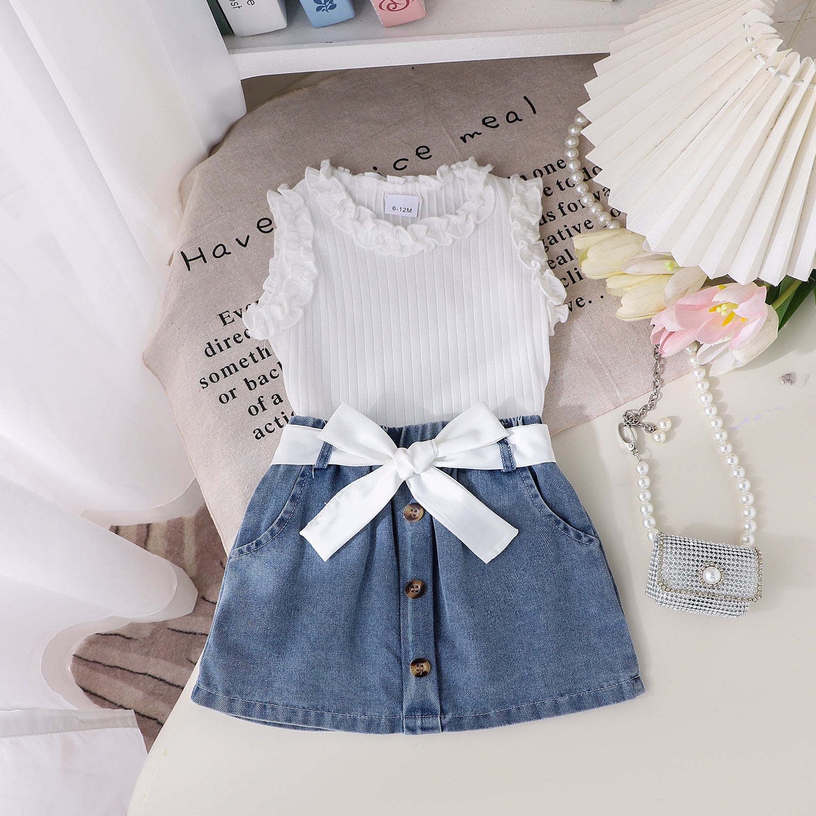 Girls' Ribbed Tank Top and Denim Skirt Set - New European and American Style