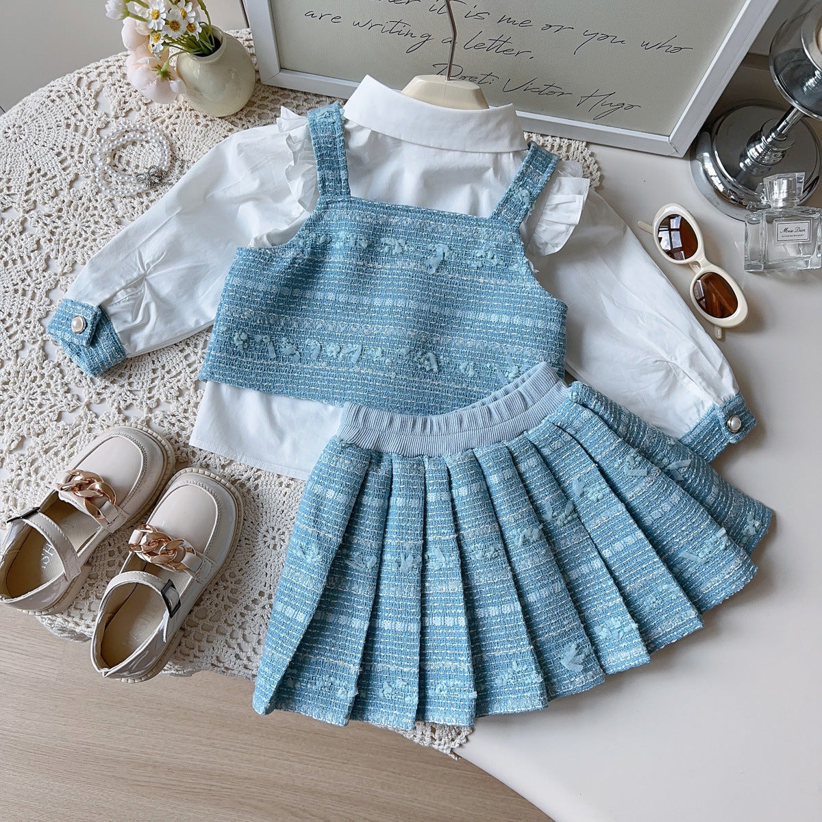 Spring and Autumn Girls' Outfit New Style Long-Sleeve Collared Shirt, Vest, Pleated Skirt Little Girl's Chanel-Style Three-Piece Set Cross-Border