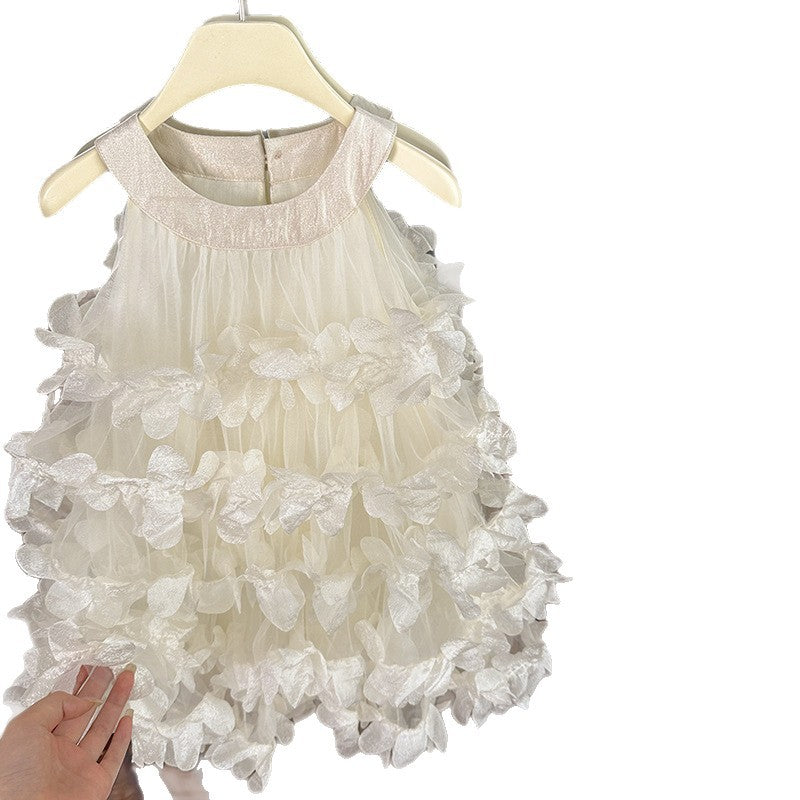 Disney-Inspired Girls' Floral Halter Neck Layered Cake Dress - 2026 Summer Korean Style Mesh Birthday Tower Skirt