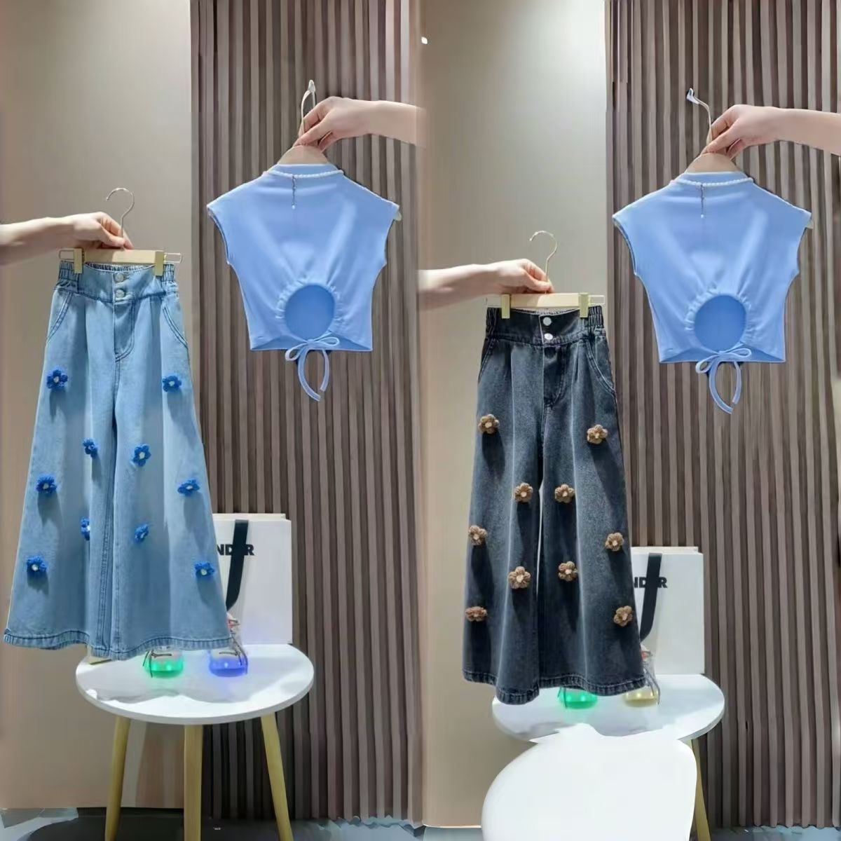 Girls' Summer Outfit 2026 New Trendy Children's Fashionable Waist-Exposing Clothing Set for Older Kids Denim Wide-Leg Pants Two-Piece Set