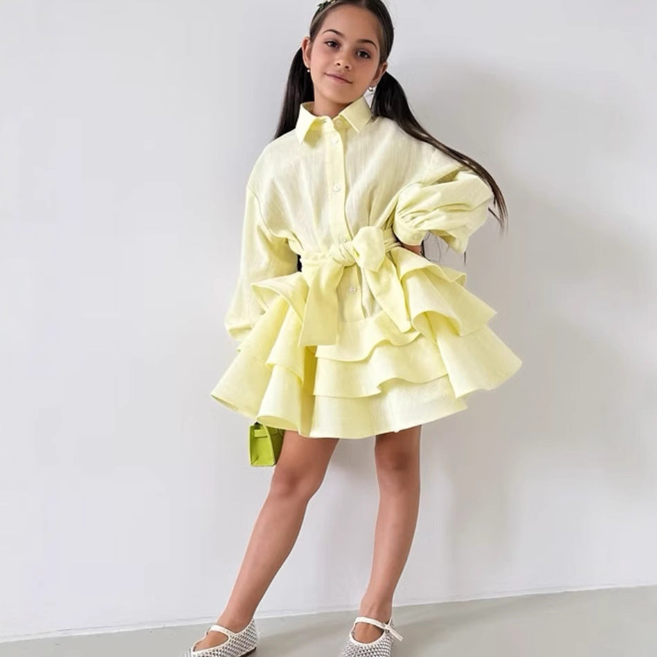 2025 Ins Russian Girls Linen Fashion Ruffled Princess Dress Jk Belt Elegant Lapel Dress