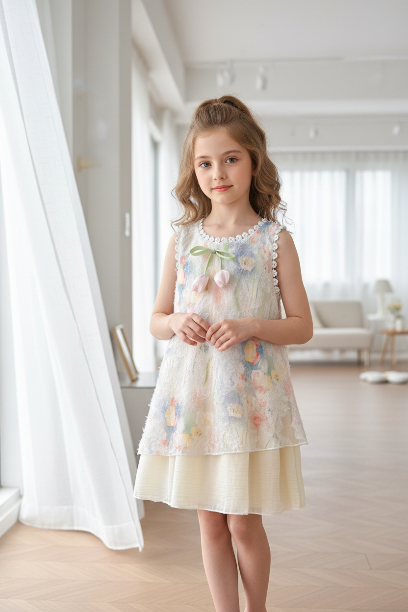 Girls' Sleeveless Floral Lace Trim Princess Dress
